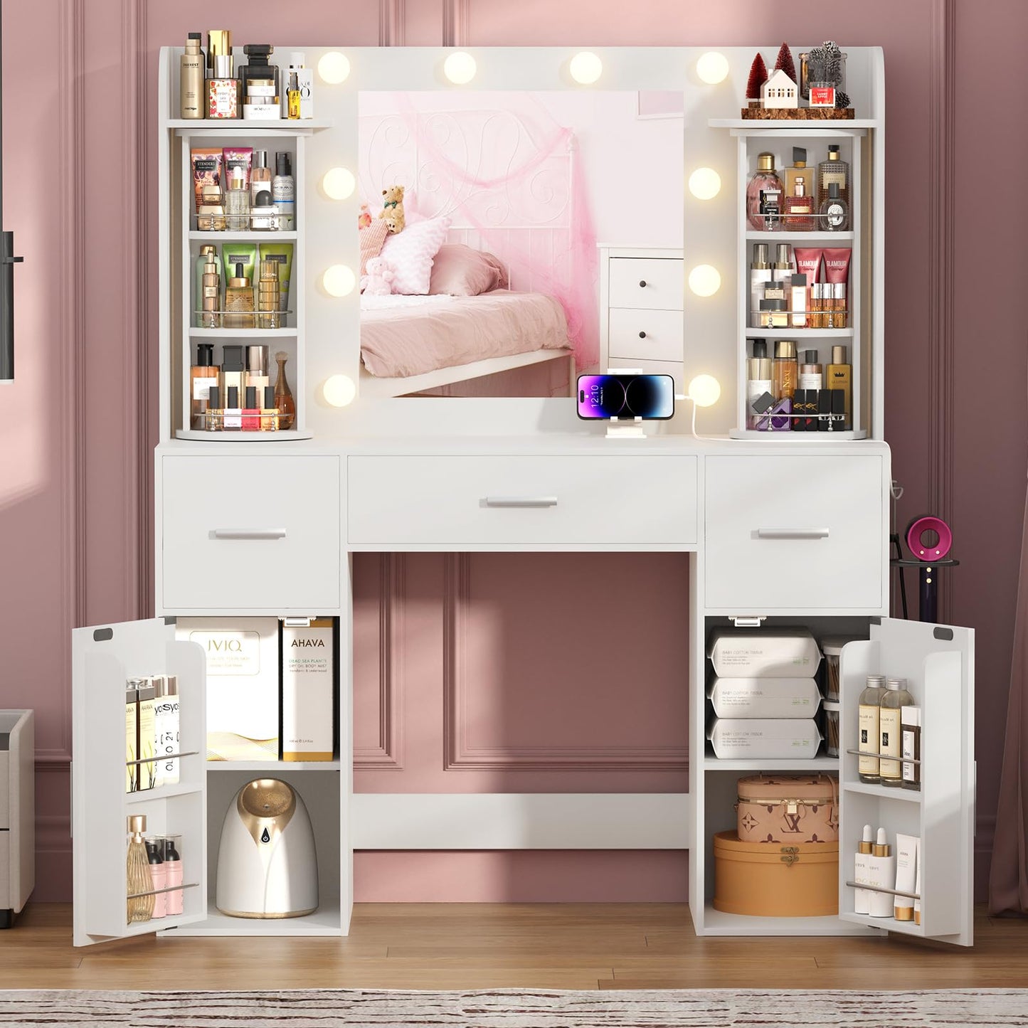 EasyCom Vanity Desk with Rotating Jewelry Organizers, Makeup Vanity with Mirror and Lights, Dressing Table with USB-C Charging Station, 3 Drawers and 2 Cabinets for Bedroom, Dressing Room, White