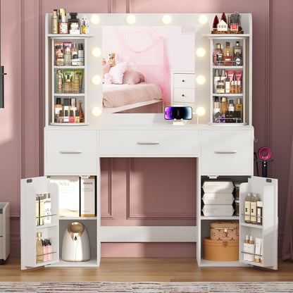 EasyCom Vanity Desk with Rotating Jewelry Organizers, Makeup Vanity with Mirror and Lights, Dressing Table with USB-C Charging Station, 3 Drawers and 2 Cabinets for Bedroom, Dressing Room, White