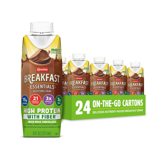 Carnation Breakfast Essentials High Protein with Fiber Ready-to-Drink, 8 FL OZ Carton, Rich Milk Chocolate (Pack of 24)