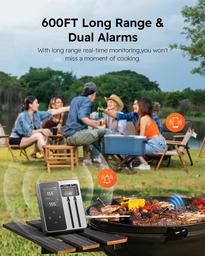 Wireless Meat Thermometer with App Control, 600FT Bluetooth Range, Dual Probes & 6 Sensors, 0.5S Instant Read, LCD Display, IP67 Waterproof Real-Time Monitoring & Smart Alerts for BBQ, Grill, Oven
