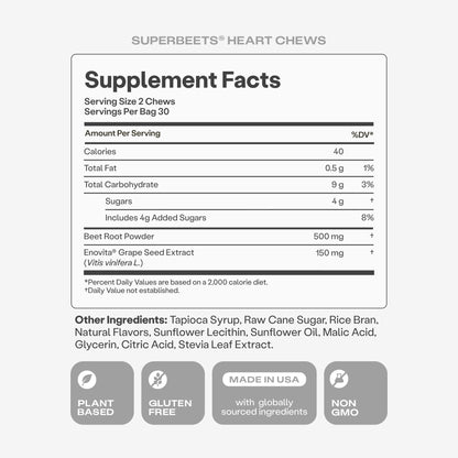 Humann SuperBeets Heart Chews, Nitric Oxide and Blood Pressure Support, Grape Seed Extract & Non-GMO Beet Root Powder Energy Supplement, Pomegranate Berry Flavor, 60 Count