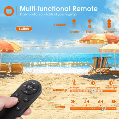 addlon 54(48+6) FT Solar String Lights Outdoor Waterproof with USB Port & Remote Control Solar Patio Lights Long Last for 20+Hrs Dimmable Solar Power LED Bulbs for Porch Garden Market Bistro