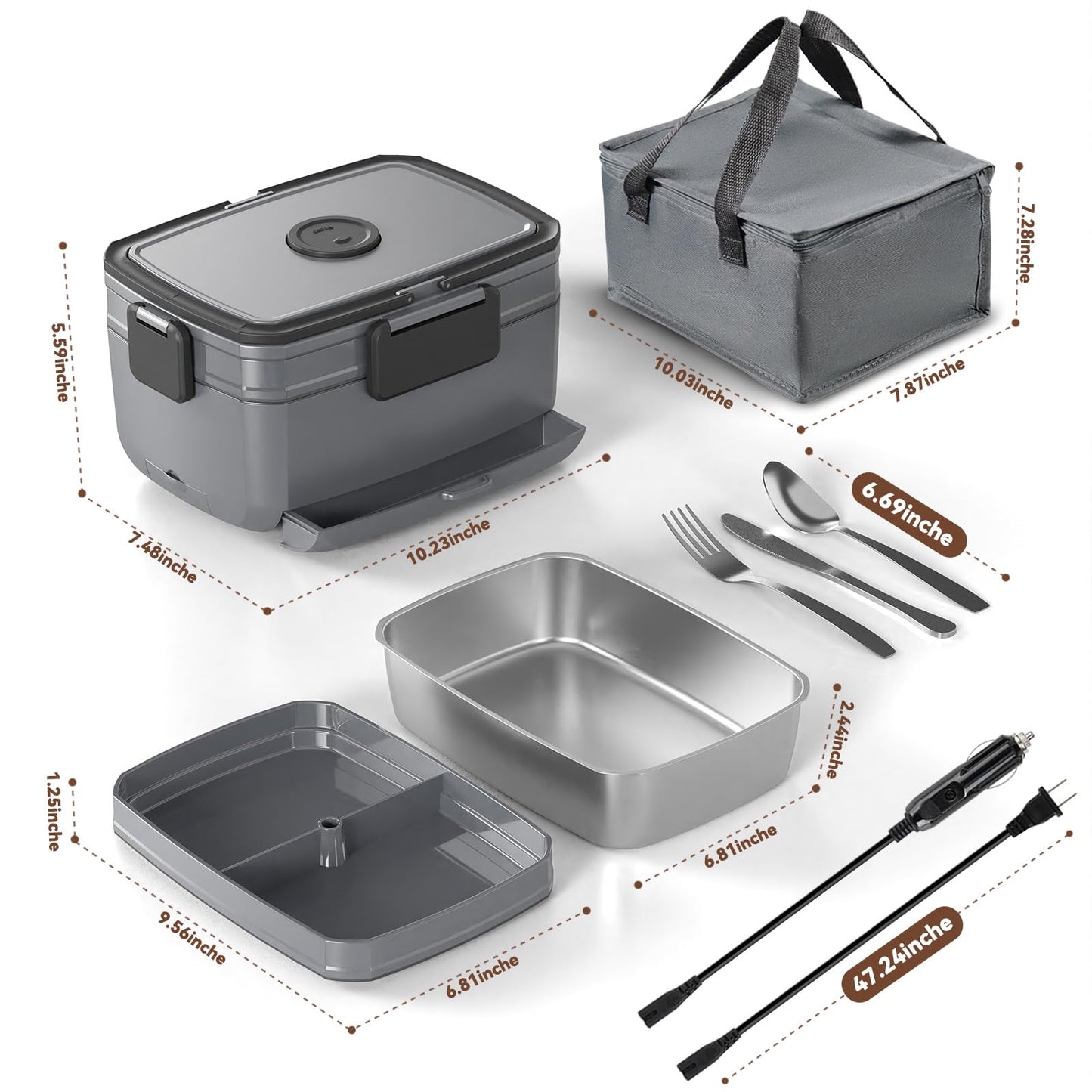 Sitlais Electric Heated Lunch Box for Men - 3 Liters Double Layer Portable Food Warmer for Car Truck 90 W Self Heating Lunch Box for Adults Food Heater for Work Travel Camping lonchera,Dark Grey