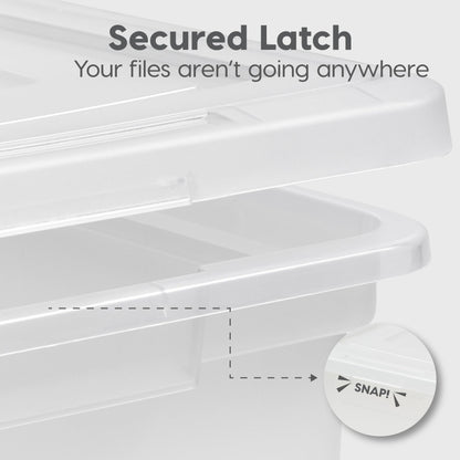 IRIS USA File Box, Plastic File Organizer with Lids for Letter/Legal File, Portable Document Box For Moving, Storage Bin with Durable and Secure Lid, Stackable Nestable BPA-Free, Clear 35 Qt. 4 Pack