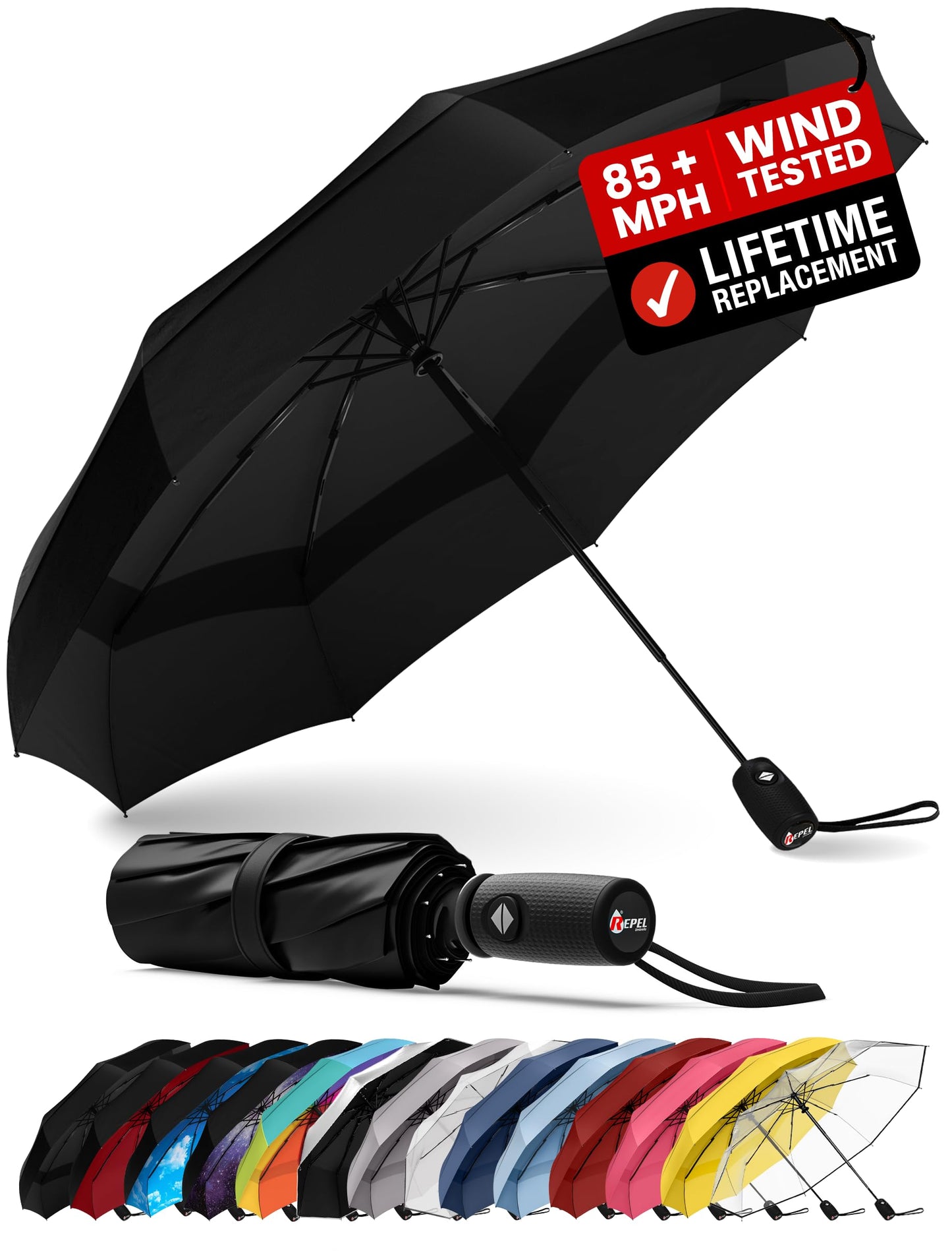 Repel Umbrella Windproof Auto Folding Travel Umbrella - Withstands Winds up to 85MPH, For Rain and Sun – Strong, Compact, Durable, Light & Portable For Women & Men, Fits Backpack & Cars -Black