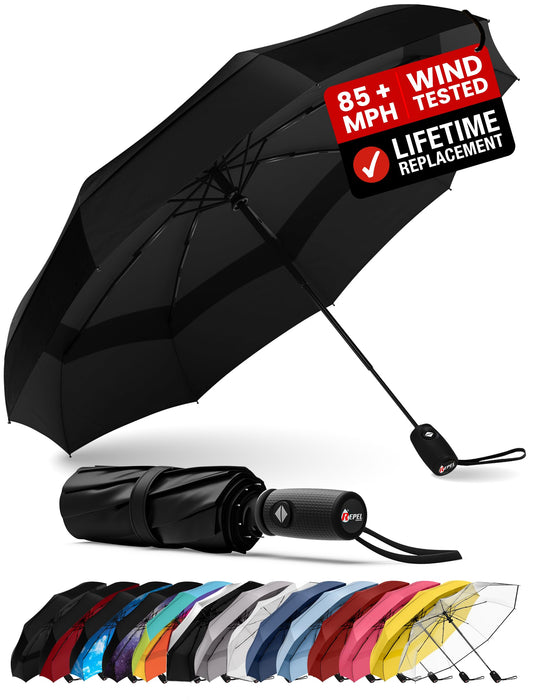 Repel Umbrella Windproof Auto Folding Travel Umbrella - Withstands Winds up to 85MPH, For Rain and Sun – Strong, Compact, Durable, Light & Portable For Women & Men, Fits Backpack & Cars -Black