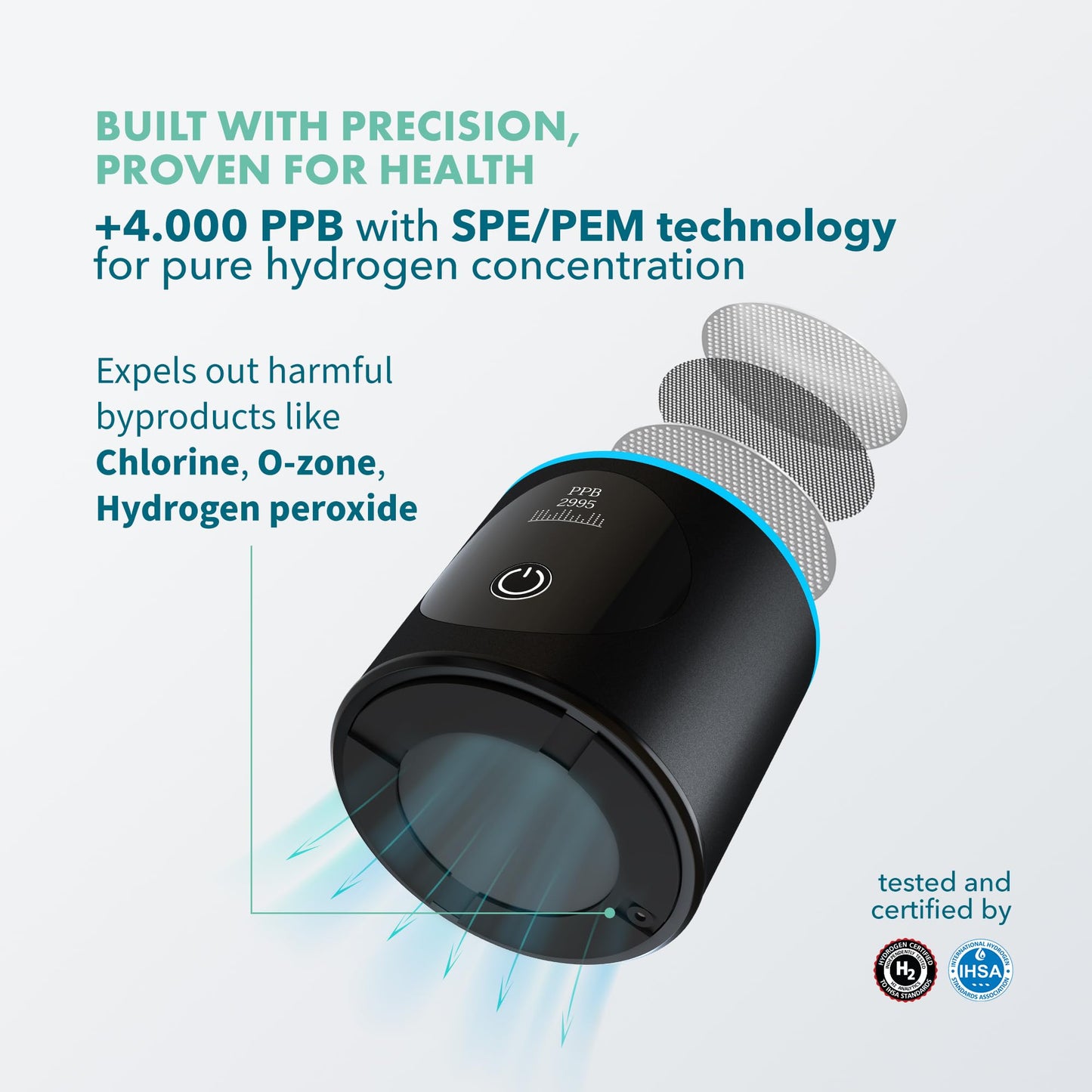 Hydrogen Water Bottle Generator - Up to 4100+ PPB Concentration - SPE/PEM Technology - Certified H2 Generator - Portable Athletic Performance & Hydration System - 6-Hour Hydrogen Retention (Black)