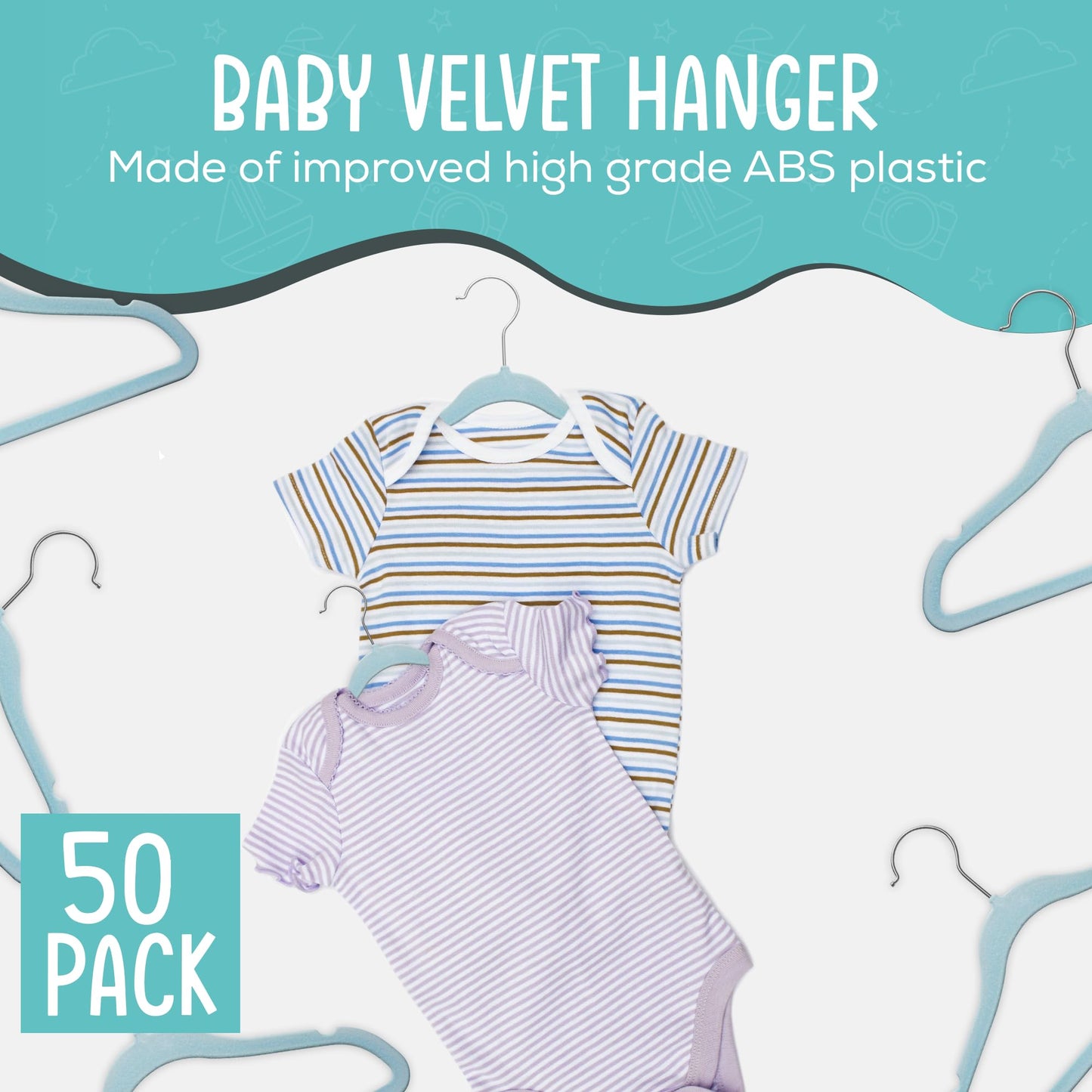 TechZoo 50 Pack Premium Baby Velvet Hangers (Blue) - 11.8" Inches Non-Slip, Ultra-Slim & Space-Saving Toddler Hangers - 360° Rotating Hook, Strong & Durable Hanger for Children, Infant & Toddler
