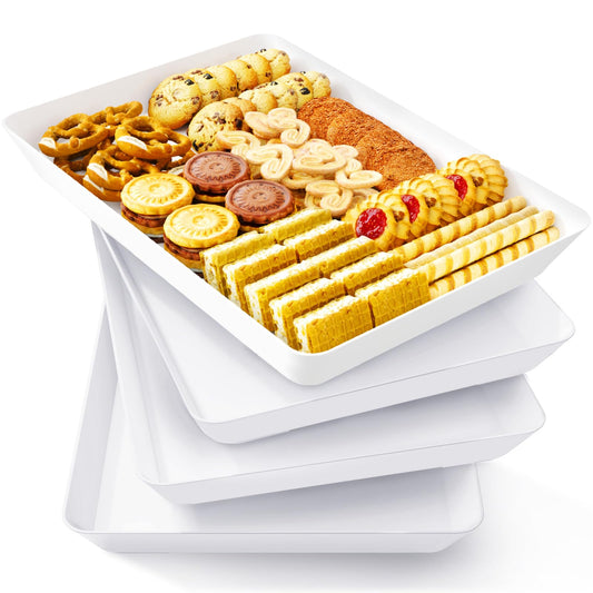 Lifewit Serving Tray for Party Supplies, Reusable Serving Platter for Catering, Snack, Fruit, Charcuterie, Appetizer, Plastic Food Trays, Hosting Essentials, BPA Free, White, 4 Pcs