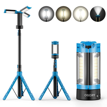 OGERY Rechargeable 10000mAh Camping Light with Stand 6.5 ft Max Height, Cordless Work Light with 3 LED Lamp Heads, 2200 Lumens Camping Essentials Gear Emergency Flashlight with Detachable Tripod