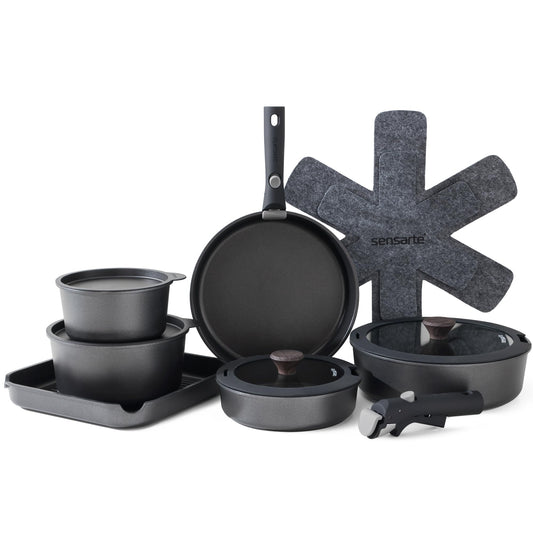 SENSARTE 17 Piece Pots and Pans Set, Nonstick Detachable Handle Cookware Set, Induction Kitchen Cookware Set with Removable Handle, Healthy Non Stick for RV, Dishwasher ＆ Oven Safe, PFOA Free (Black)