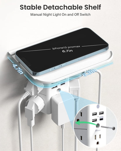 Mifaso 3-Sided Multi Plug Power Strip, Wall Extender with Shelf, Night Light & Surge Protector, USB Wall Charger with 5 AC Wide Space Outlets and 3 USB & 1 C Port, White