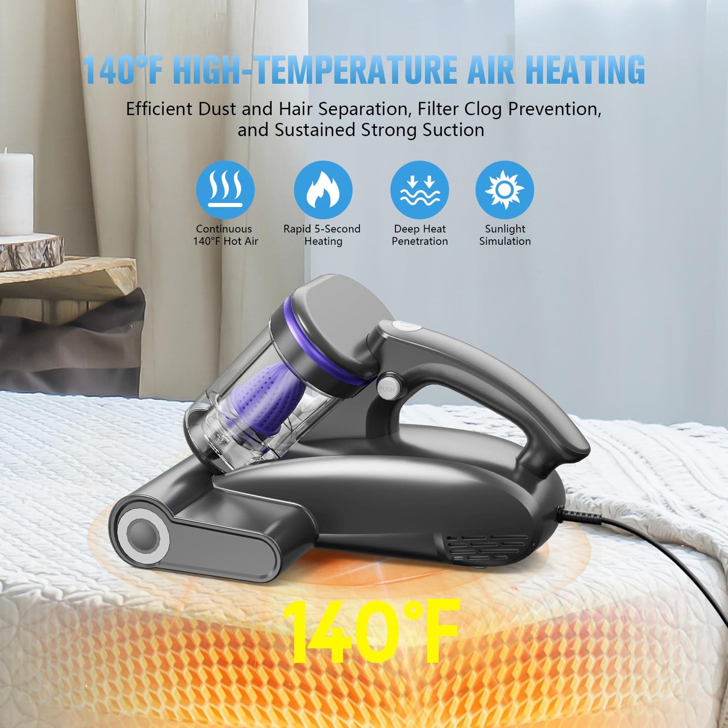 Mattress Vacuum Cleaner,Bed Vacuum Cleaner with UV-C Light,16Kpa,140°F Heat,Ultrasonic,Anion,Handheld Vacuums for Bed,Sofa,Couch,Crib(Corded,Dark Purple)