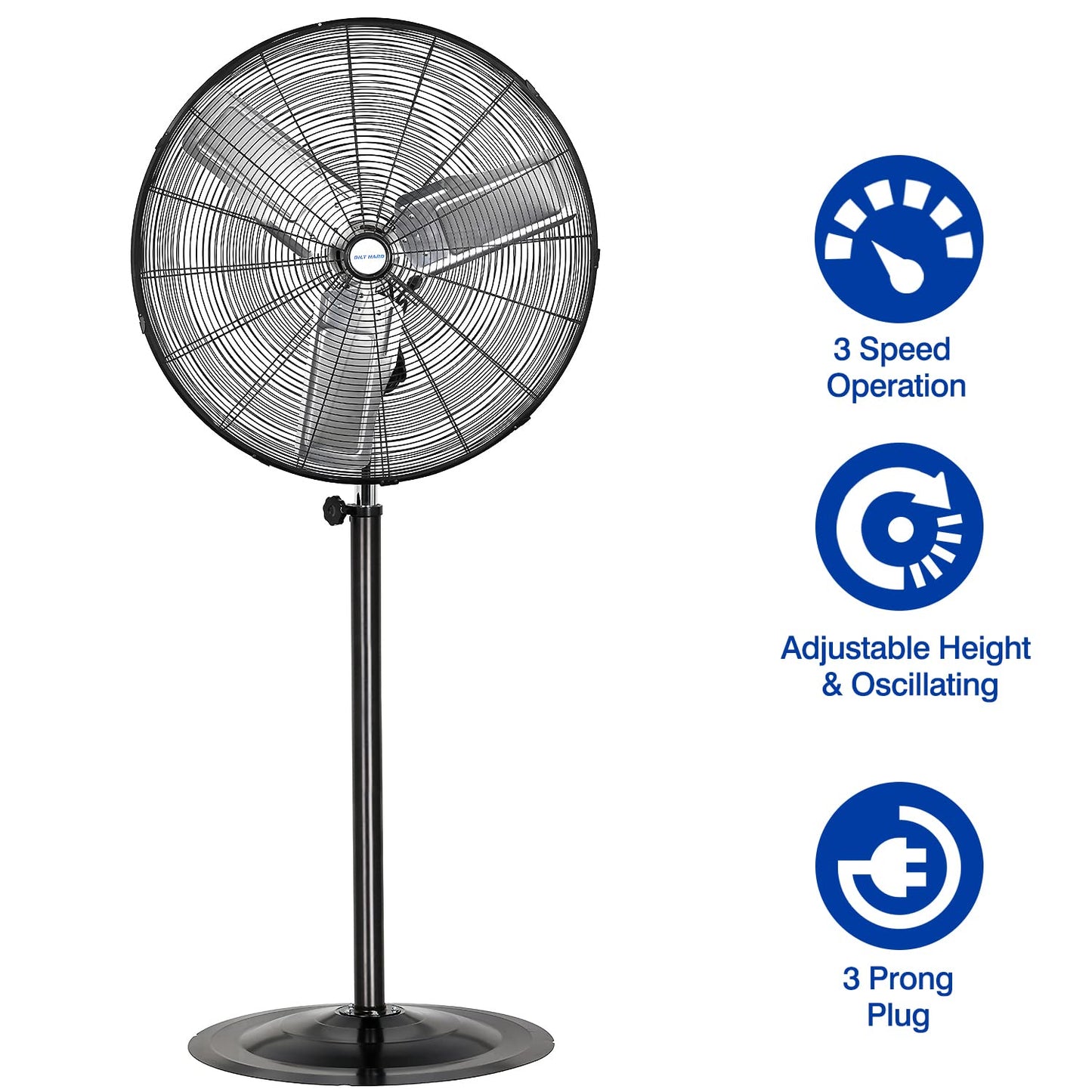 BILT HARD 8900 CFM 30" High-Velocity Industrial Pedestal Fan, 3-Speed Heavy Duty Industrial Standing Fan with Metal Aluminum Blades and Adjustable Height, Idea for Commercial, Shop, and Garage