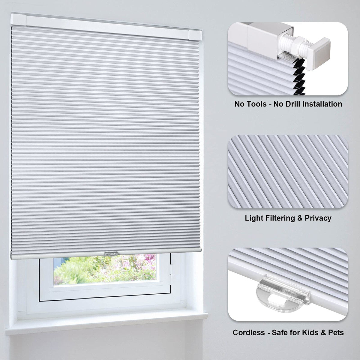 LazBlinds Cordless Cellular Shades, No Tools No Drill Blackout Honeycomb Shades Pleated Blinds for Windows, 34" W x 64" H, Silver White
