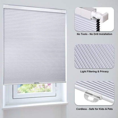 LazBlinds Cordless Cellular Shades, No Tools No Drill Blackout Honeycomb Shades Pleated Blinds for Windows, 34" W x 64" H, Silver White
