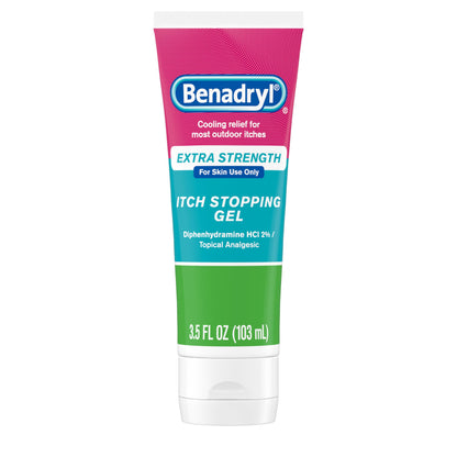 Benadryl Extra Strength Anti Itch Relief Gel, 2% Diphenhydramine HCl, Relief from Insect Bites, Sunburn & More, Great for Camping Essentials, 3.5 fl oz