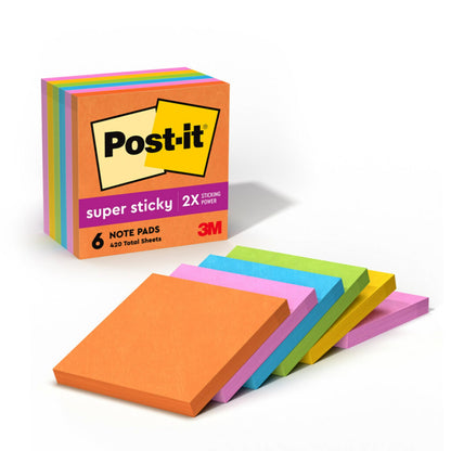 Post-it Super Sticky Notes, 3x3 in, 6 Pads, 2X The Sticking Power, Energy Boost Collection, Bright Colors (Orange, Pink, Blue, Green),Recyclable (654-6SSAU)