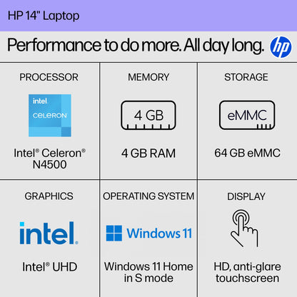 HP Touchscreen Laptop Computer for Home Student Study, 1-Year Office, 4GB DDR4 RAM, 64GB eMMC, Intel Processor, 14 inch, WiFi 6, Bluetooth, Windows 11 Home S, Pale Gold