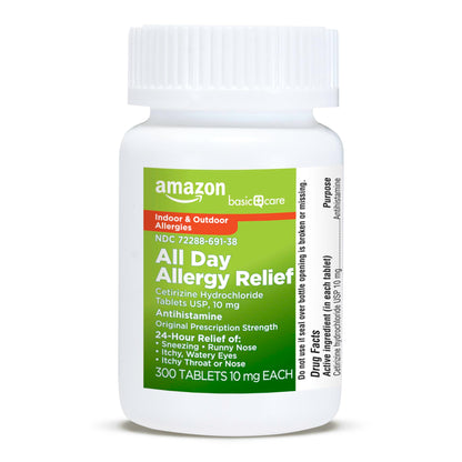 Amazon Basic Care 24 Hour Allergy Relief, Cetirizine Hydrochloride Tablets, 10 mg, 300 Count (Packaging may vary)