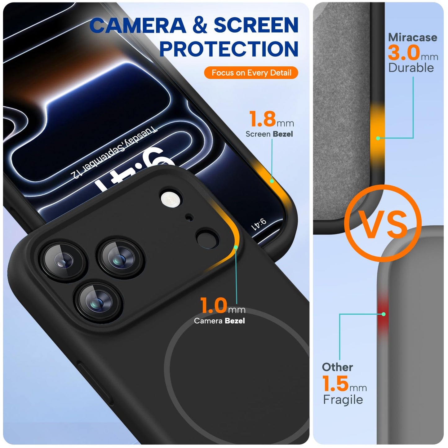 Miracase Magnetic for iPhone 17 Pro Max Case, Compatible with MagSafe, Integrated Silicone Camera Control Cover, 3.0mm Thicken Shockproof Drop Protection Phone Case for 17 ProMax, Black