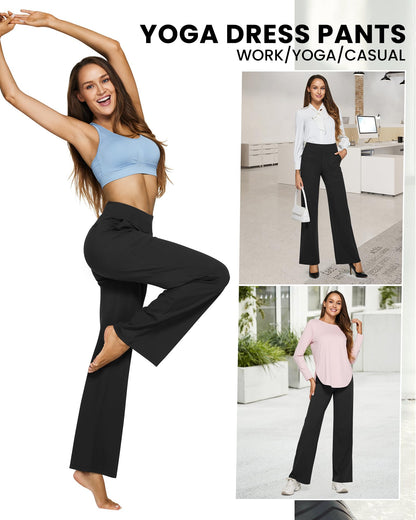 G4Free Petite Wide Leg Pants for Women Yoga Dress Pants with Pockets Straight Leg Sweatpants Stretch Business Casual Work Pants(Black,M,29")