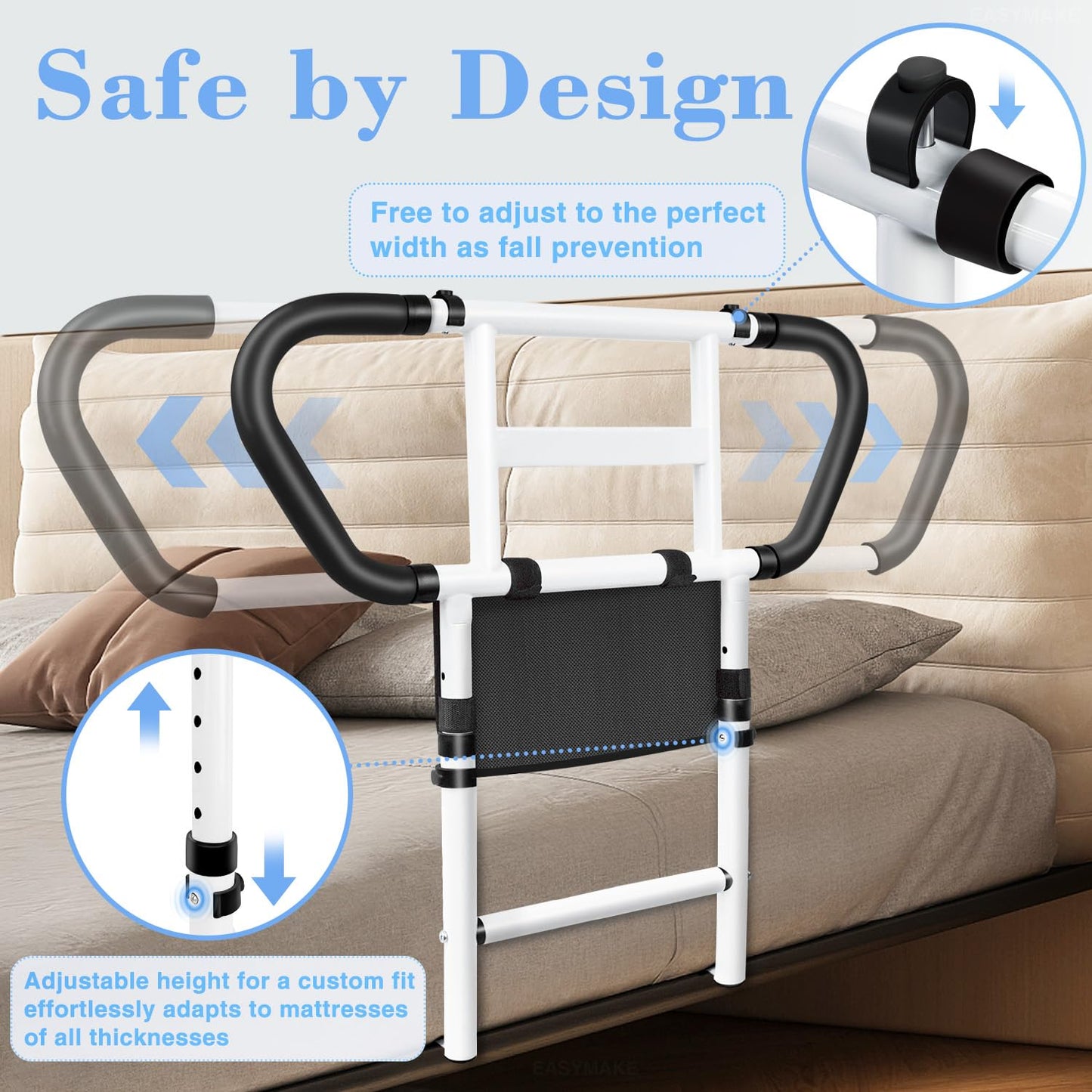easymake Bed Rails for Elderly Adults Safety: Adjustable Bedside Assist Rails with Storage Pockets, Non-Slip Handles, Motion Sensor Light, Items for Elderly Bed Rail, 400LB Gravity Capacity