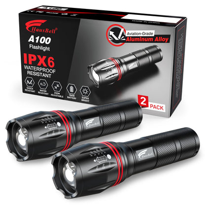 HAUSBELL A100 LED EDC Flashlights High Lumens,Bright, Zoomable, Waterproof, Powerful, Emergency Tactical LED Flashlights for Home and 5 Modes, Flashlight for Camping Gear、Hiking、Walking（2Pack）