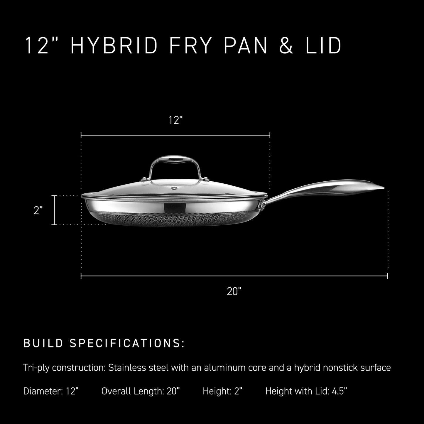 HexClad Hybrid Nonstick 12-Inch Frying Pan with Tempered Glass Lid, Stay-Cool Handle, Dishwasher-Friendly, Oven-Safe Up to 900°F, Induction Ready, Compatible with All Cooktops