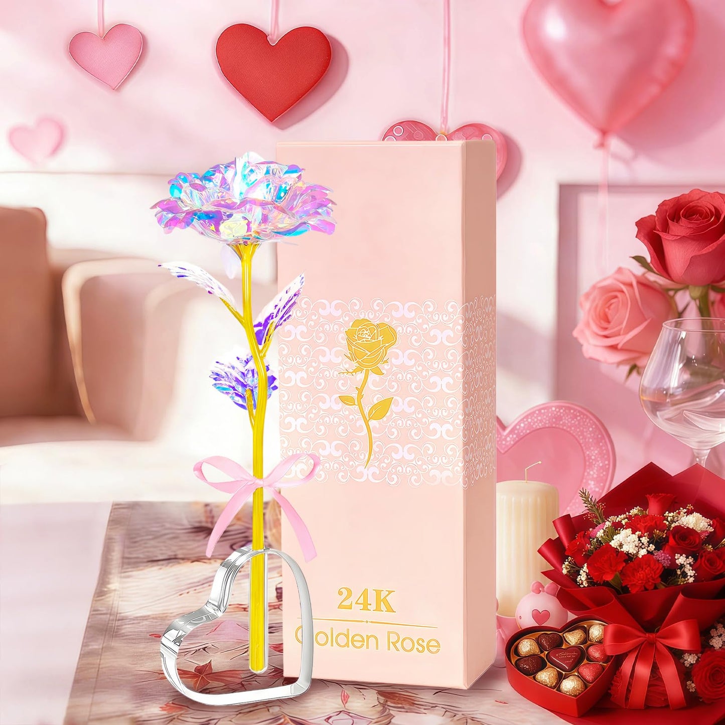 Valentines Day Rose Gifts for Her, Birthday Gifts for Women Mom Galaxy Rose Glass Forever Flowers with Heart-Shaped Base Eternal Crystal Roses Valentine Gifts for Grandma Wife Sister Girlfriend