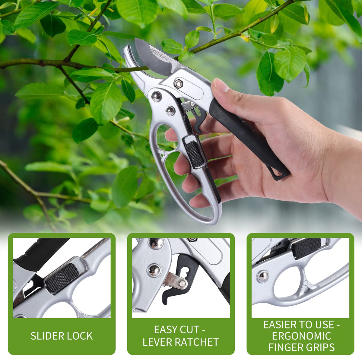 MEPEREZ Germany Pruning Shears, Arthritis Weak Hand Snips, Work 3 Times Easier, 1-Inch Cut Capacity Garden Clippers, Ergonomic handle, Rust resistant, high strength steel, Sharp