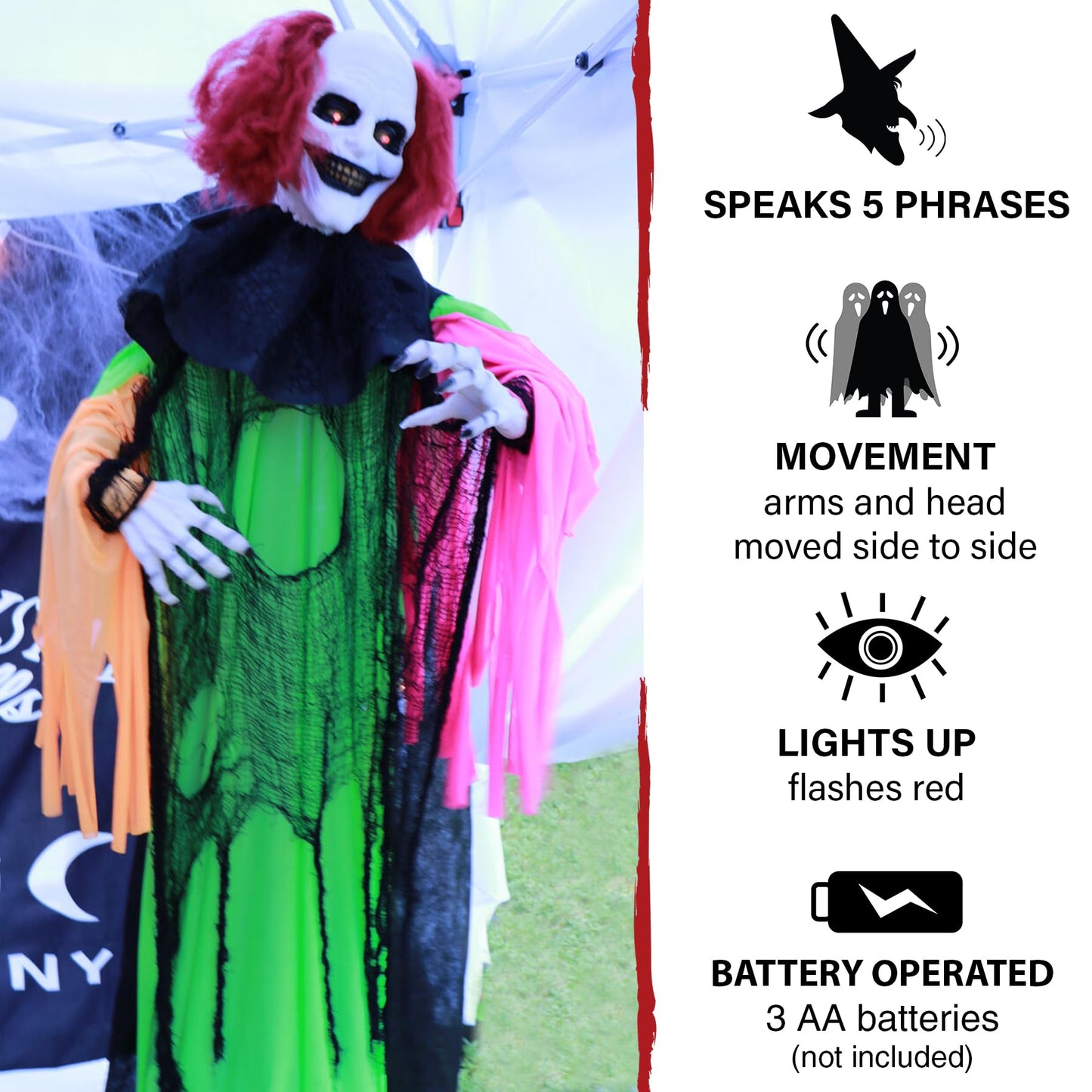 Haunted Hill Farm Life-Size Scary Talking Clown Halloween Animatronic with Motion and Touch Activated Lights and Sounds, Battery Operated Indoor or Covered Outdoor Creepy Halloween Decorations