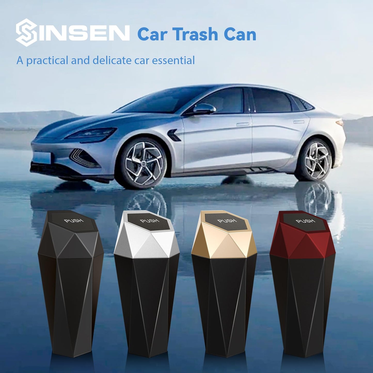 SINSEN Car Trash Can, Mini Garbage Bin with Lid, Car Door Trash Cans, Cup Holder Organizer Diamond Dustbin, 2PCS