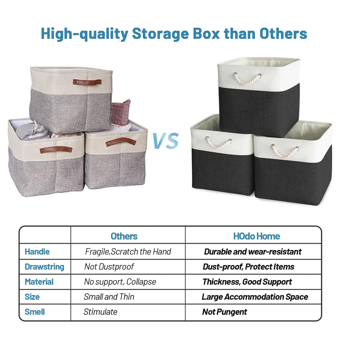 HOdo Home Fabric Storage Bin with Drawstring Closure and 2 Bold Handles, Collapsible Large Canvas Storage Baskets for Organizing Shelf Nursery Home Closet (Black&White, 13L×13W×13H - 3Pack)