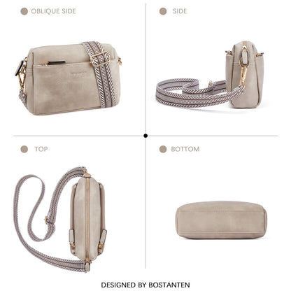 BOSTANTEN Small Crossbody Purse for Women Triple Zip Cell Phone Leather Shoulder Handbag with Wide Guitar Strap Grey
