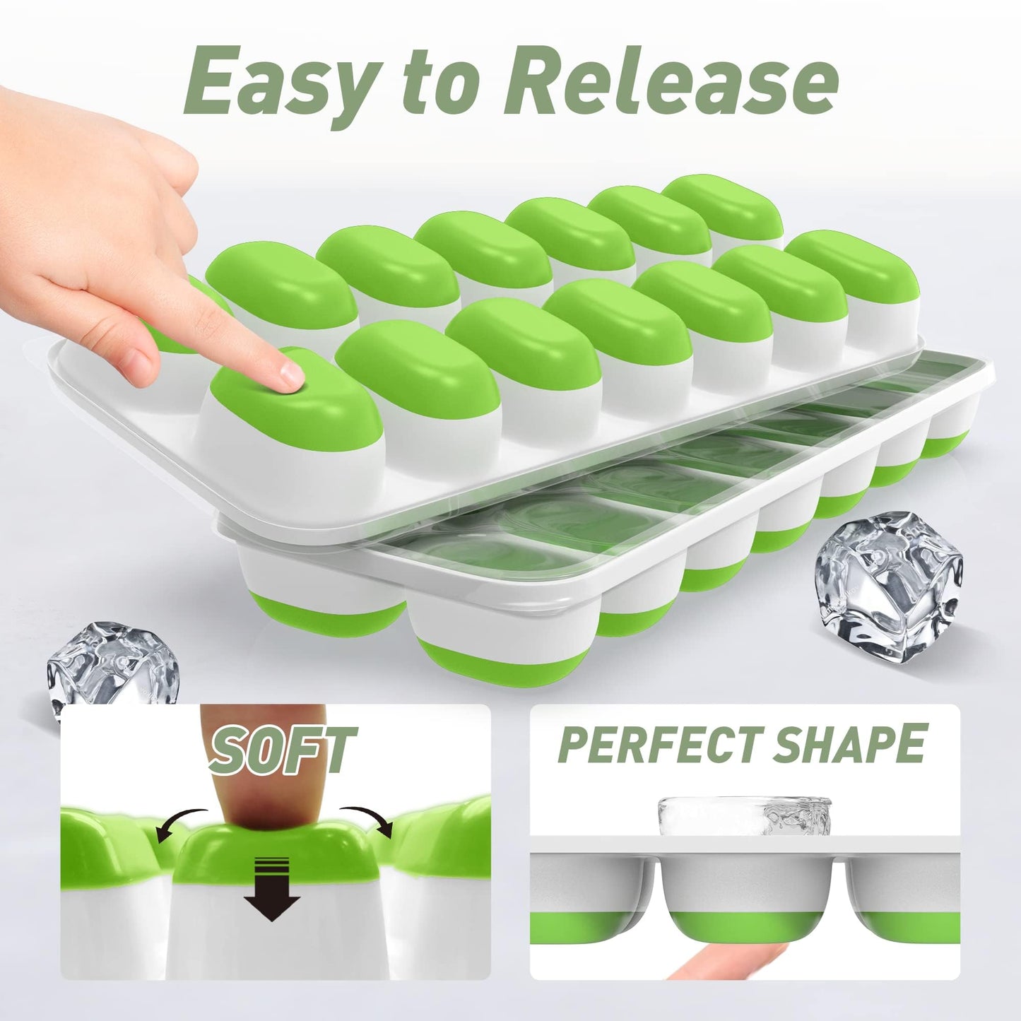 Ice Cube Tray with Lid, 2 Packs 28 Cubes Durable Stackable Ice Cube Trays for Freezer with Removable Lids, Easy-Release Plastic & Silicone Ice Tray for Cocktail, Coffee