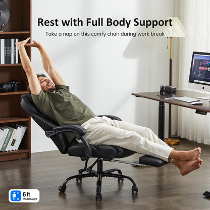 amseatec Office Chair, Big and Tall Office Chair with Foot Rest Ergonomic Chair for Home Desk, Reclining High Back Leather Chairs with Lumbar Support(Black)