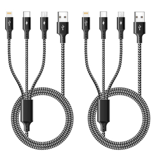 3 in 1 Multiple Charging Cable(2Pack 4Ft), Braided Multi Charger Cord USB C Charging Cable Universal USB Cable with Type C/Micro USB Port for Cell Phones, iPhone 17 16 15 14 13 Series, Tablets, More
