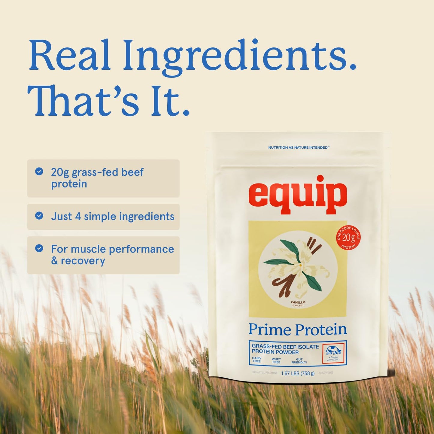 Equip Foods Prime Protein Powder | Clean, Grass Fed Beef Protein Powder | Carnivore Protein Isolate | Paleo, Keto Friendly | Gluten & Dairy Free | Helps Build & Repair Tissue | 30 Servings, Vanilla