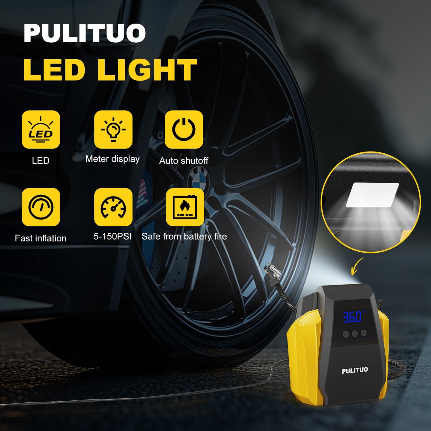 PULITUO Tire Inflator Portable Air Compressor - Car Accessories 12V DC Air Pump for Car Tires with Digital Pressure Gauge, Emergency LED Light for Wheel, Bike, Ball, Motor
