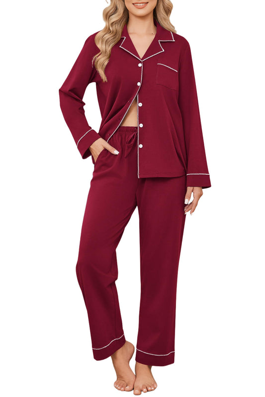 Ekouaer Womens Pajama Sets Cotton PJs 2 Piece Long Sleeve Sleepwear Button Down Tops and Pants Cozy Lounge Set Wine Red XL