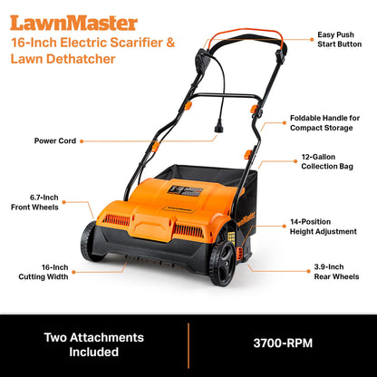 LawnMaster GVB1316 Electric 16” 13 Amp Dethatcher and Scarifier with 12 Gallon Collection Bag