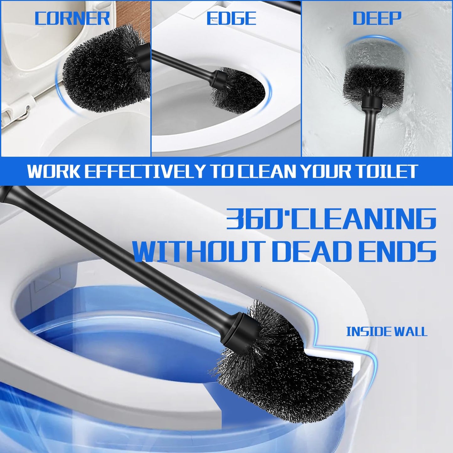 Toilet Brush and Holder 2 Pack with Long Handle - Non-Slip Grip Toilet Bowl Brush Set for Deep Cleaning Bathroom, Toilet Scrubber- Black