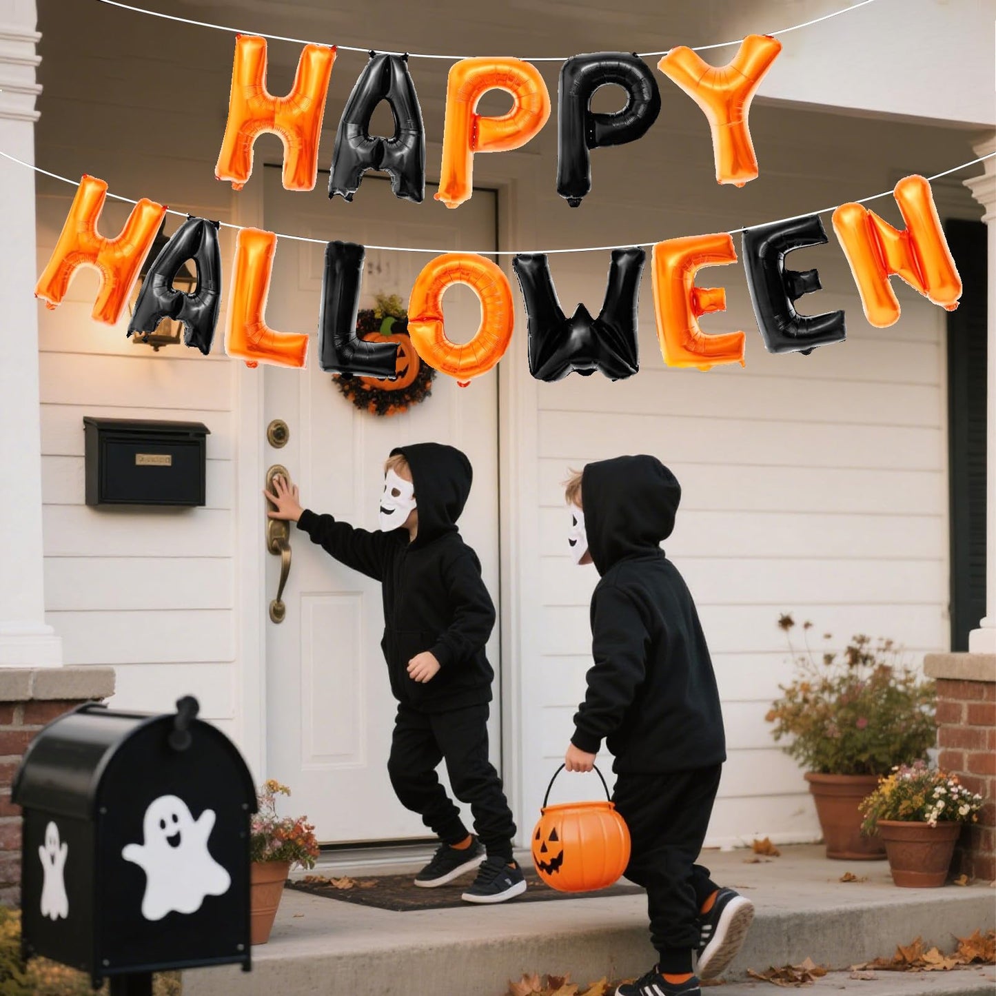 Happy Halloween Balloons Banner - Orange and Black Helloween Banner Backdrop Garland, 16 Inch Large Mylar Hanging Foil Balloon Banners With Straw Ribbon for Indoor Outdoor Halloween Party Decorations
