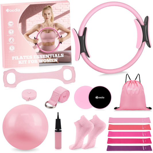 Hoedia Pilates Kit for Women, Pilates Equipment Ring and Ball Set with Resistance Bands, Yoga Strap, Core Sliders, Socks, Bag & Guide for Starter Home Workout Fitness Gym Essentials, Pink