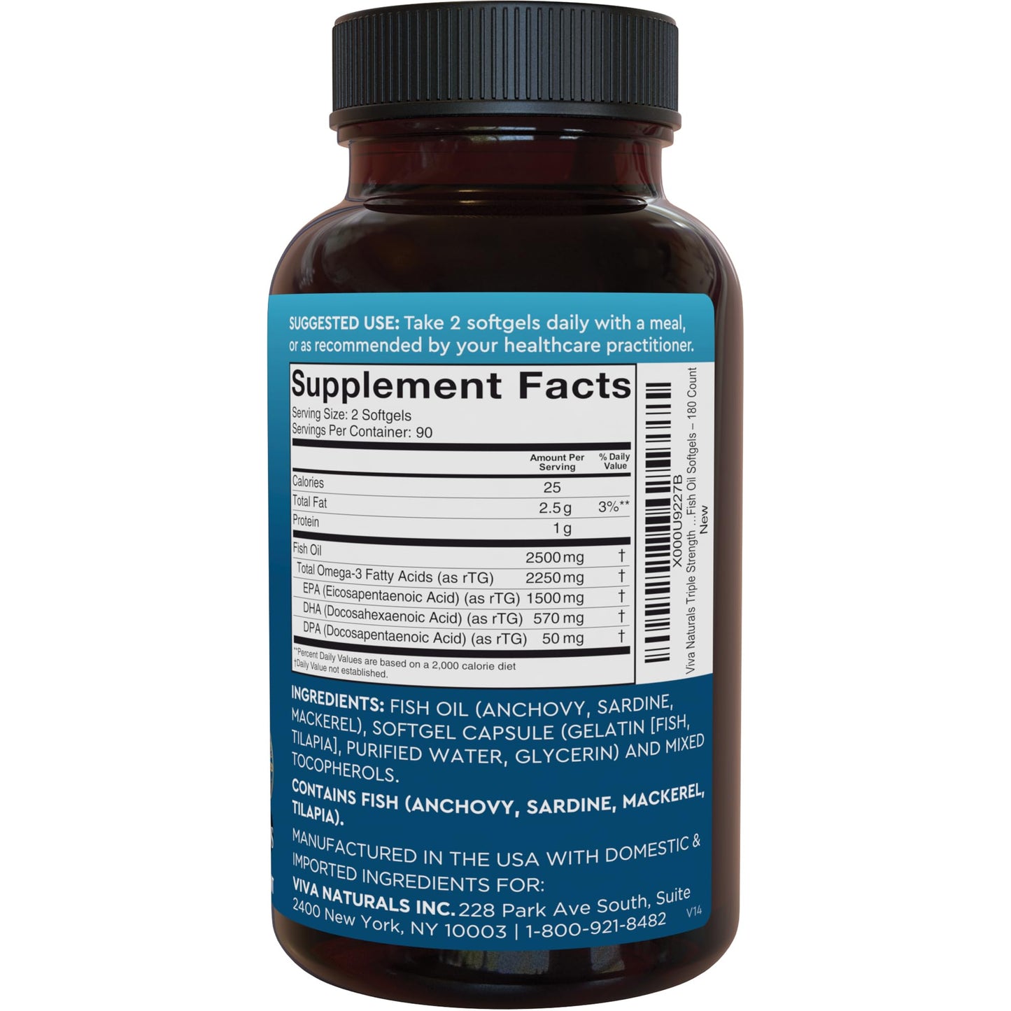 Omega 3 Fish Oil Supplement for Women and Men - 2500 mg Triple Strength Fish Oil Pills with Re-Esterified Omega 3 Fatty Acids including EPA, DHA DPA - 180 Pescatarian-Friendly Softgels