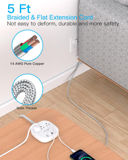 Flat Plug Power Strip, 5ft Ultra Flat Extension Cord - 3 Outlets 4 USB Ports (2 USB C) 22.5W/4.5A Desktop Charging Station, No Surge Protection for Cruise Ship, Dorm Room Travel Essentials