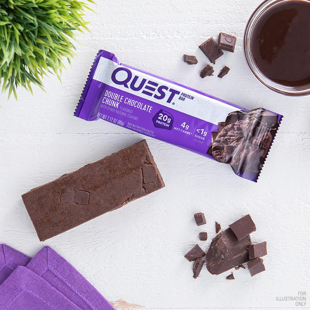 Quest Nutrition Double Chocolate Chunk Protein Bars, 20g Protein, 1g Sugar, 4g Net Carb, Gluten Free, Keto Friendly, 12 Count