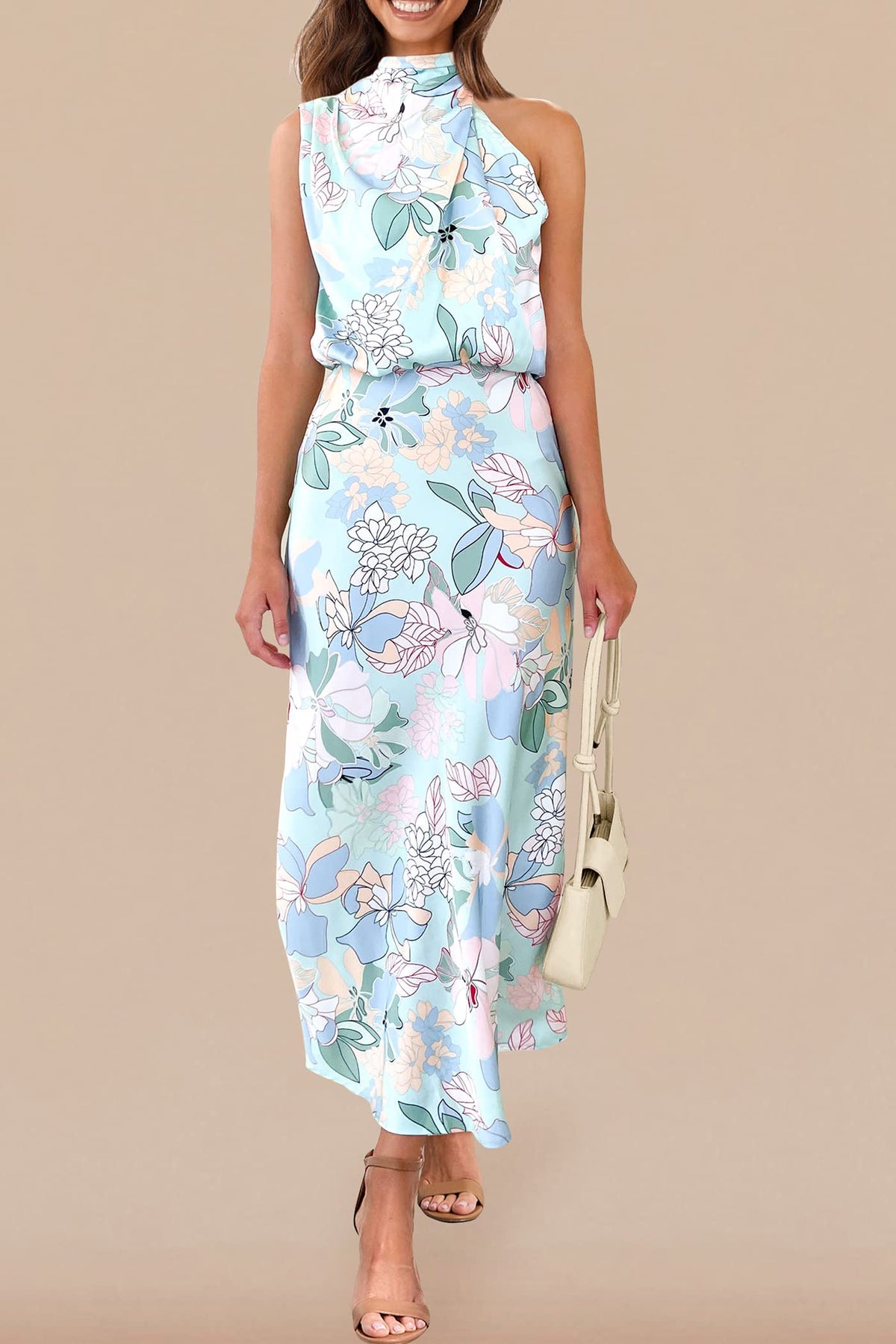 PRETTYGARDEN Women's 2025 Summer Satin Dress Elegant Sleeveless Mock Neck Cocktail Party Maxi Dresses (Print Blue,Large)