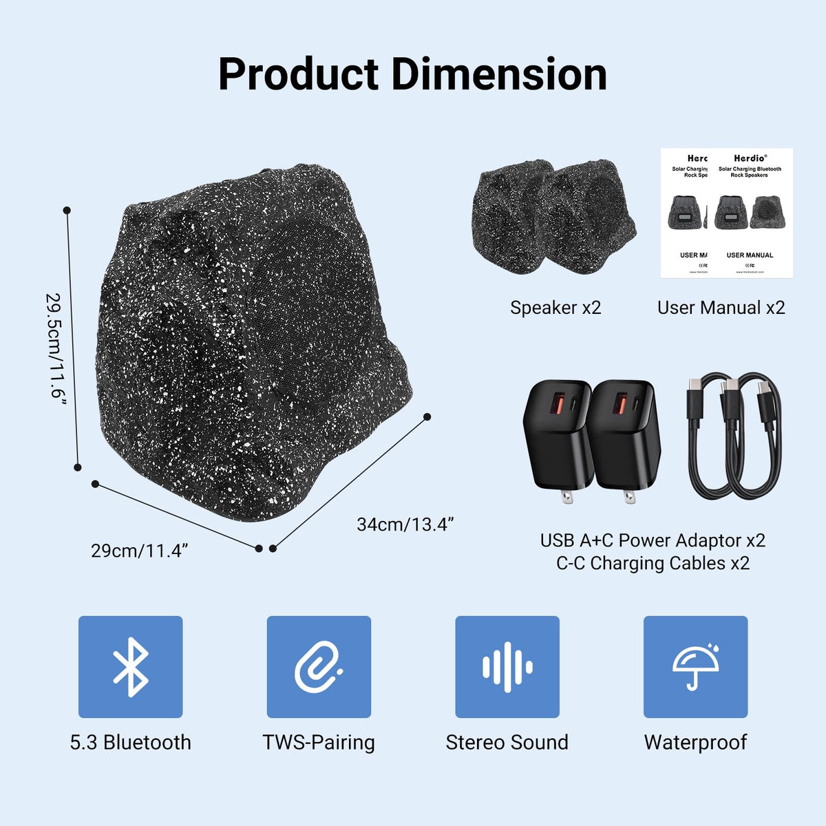 Herdio 8" Rock Bluetooth Speakers Outdoor Waterproof IPX7 Wireless Solar Max 240 Watt, TWS Connection Powered with Rechargeable Battery for Garden Patio Deck Pool Backyard（Gray，1Pair）
